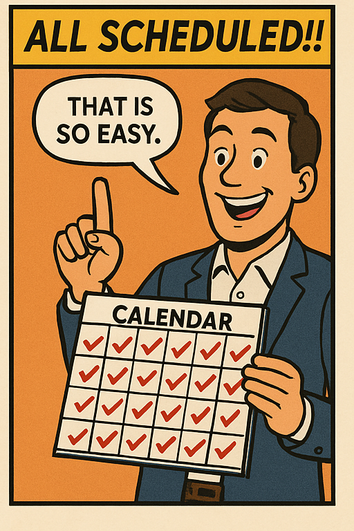 Panel 4: Happy man holding a calendar full of scheduled meetings